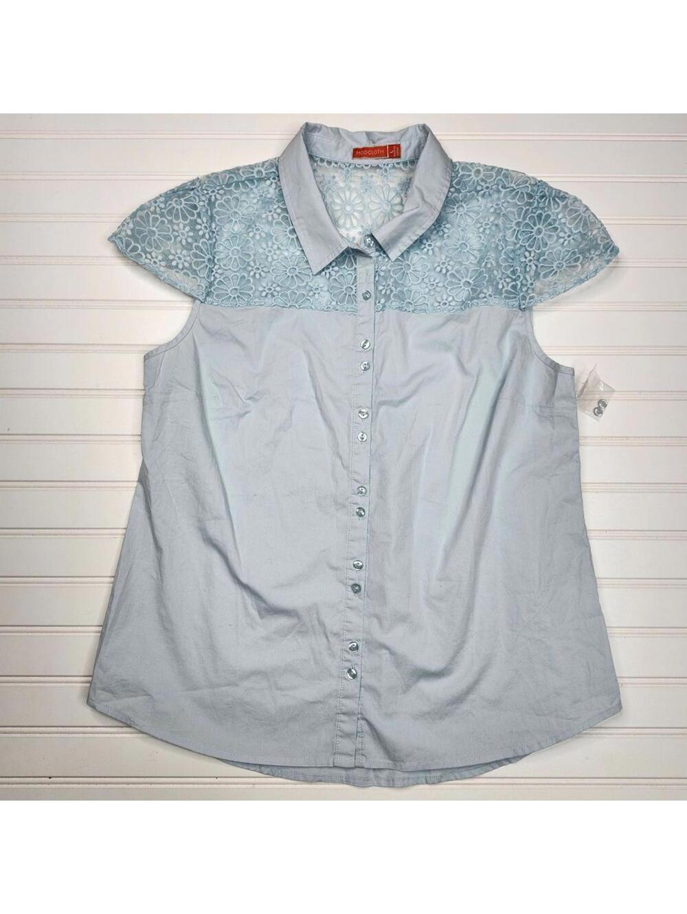 ModCloth Light Blue Lace Accent Button-Up Blouse